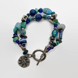 Turquoise Bracelet, Glass, Blue, Pyrites, Sun, Multi-Strand, Beaded, Artisan